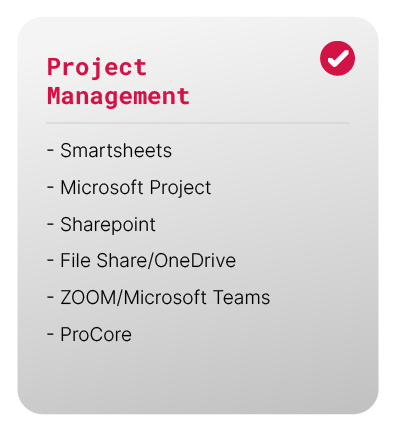 Project Management PM Smartsheets Microsoft Project Sharepoint File Share One Drive Zoom Microsoft teams ProCore